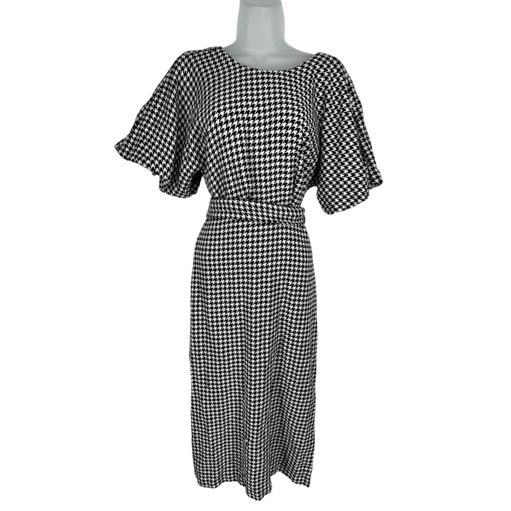 Zara Houndstooth Flutter Sleeve Midi Dress Tie Small Retro Pin Up French Girl